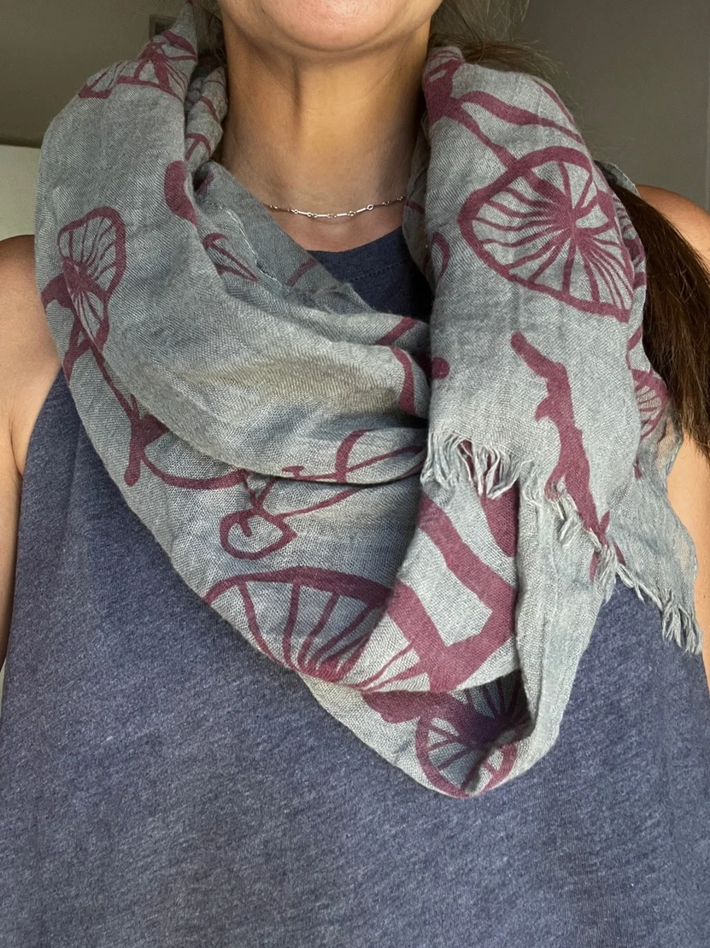 Gray Scarf with Burgundy Bicycle Print